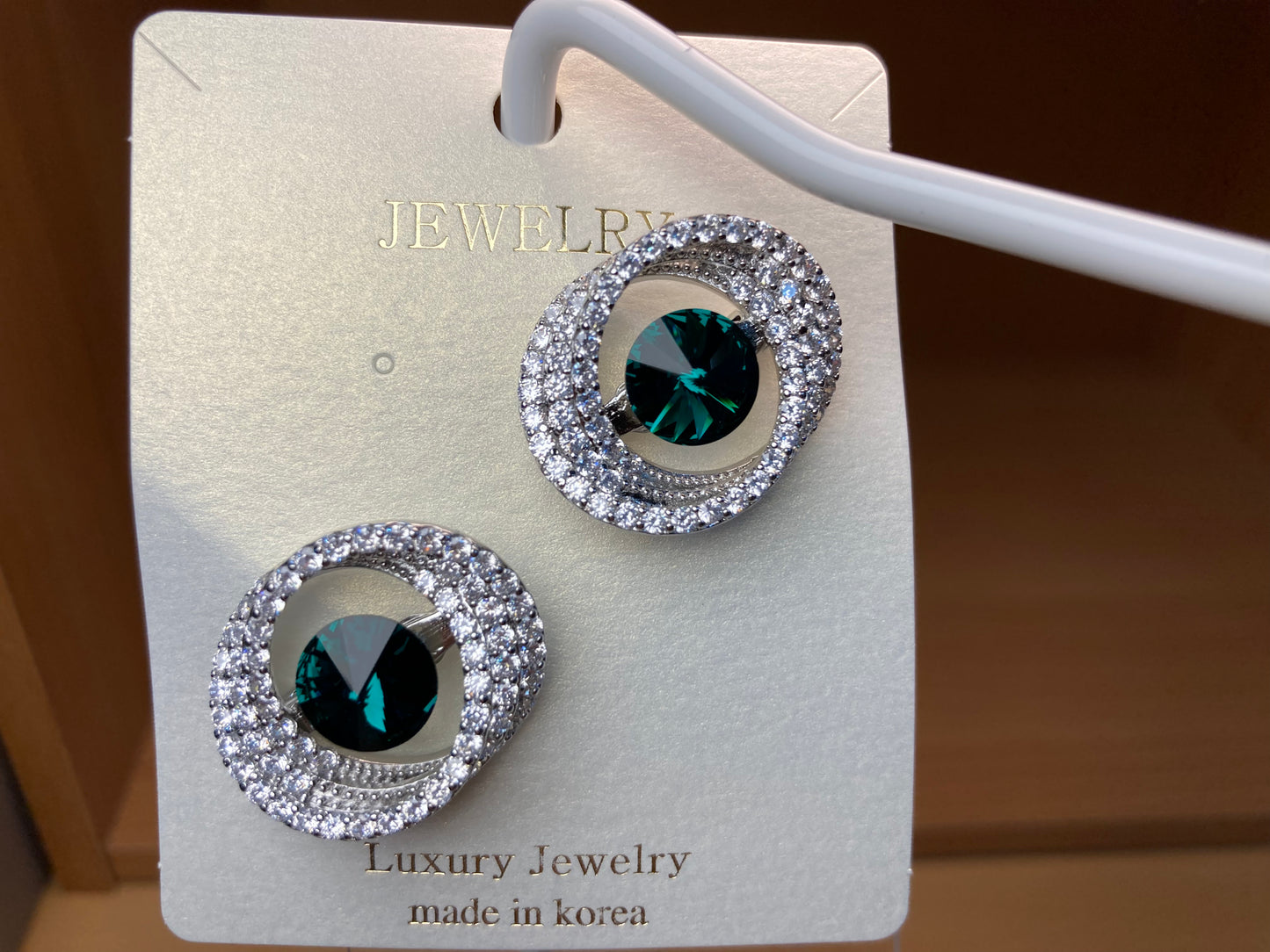Tiny Treasures Seoul - Emerald Swarovski Crystal Oval Brooch Set (2 Pieces) Front View 3