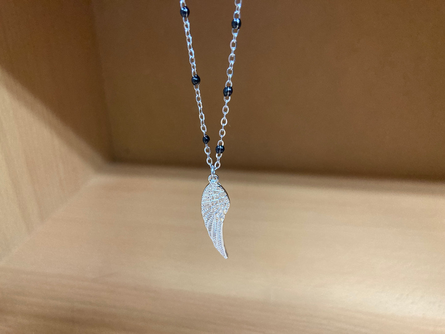 Angel Wing Pendant Beaded Spaced Chain Necklace