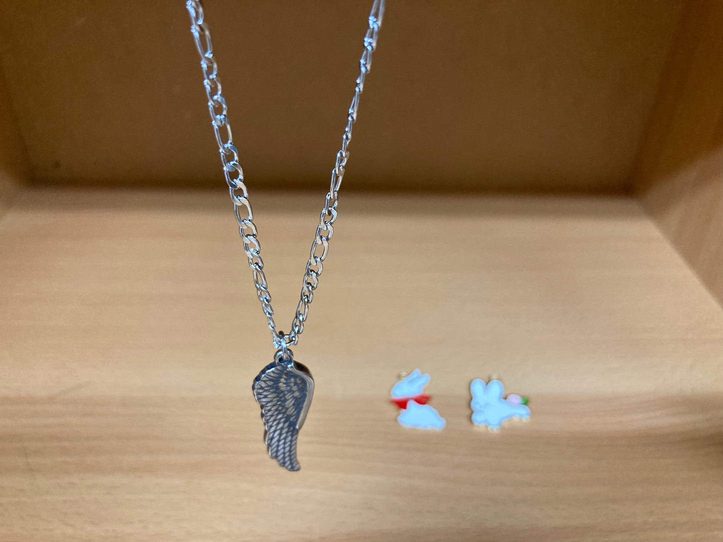 Tiny Treasures Seoul - Angel Wing Pendant Figaro Chain Necklace (Surgical Steel) Front View 6