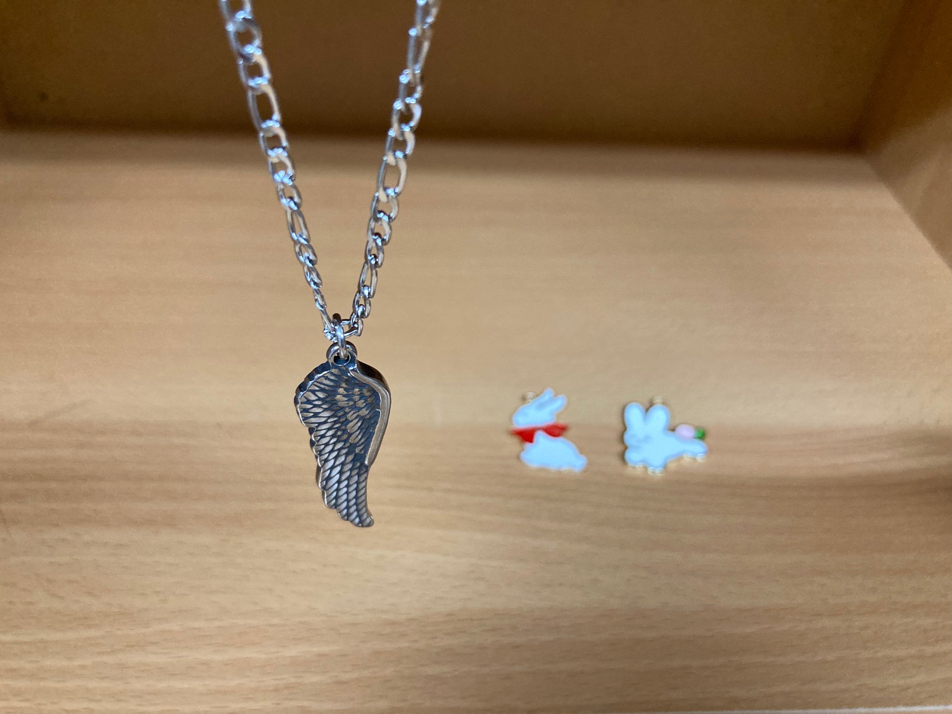 Tiny Treasures Seoul - Angel Wing Pendant Figaro Chain Necklace (Surgical Steel) Front View 7
