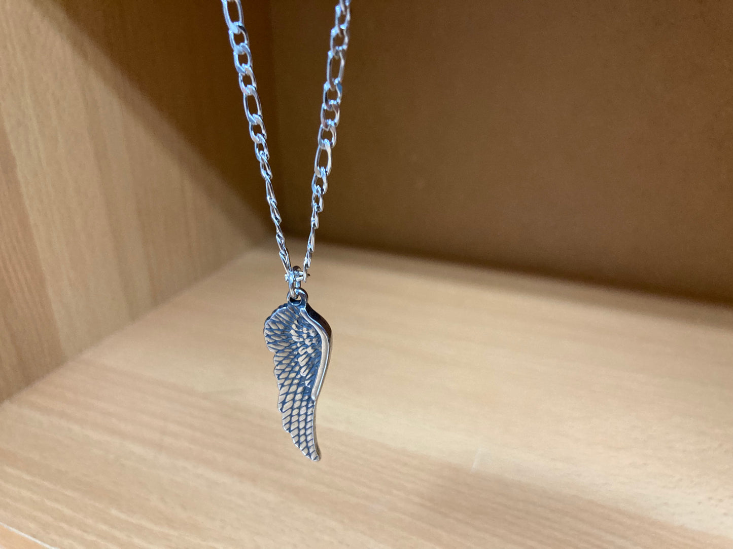 Tiny Treasures Seoul - Angel Wing Pendant Figaro Chain Necklace (Surgical Steel) Side View 3