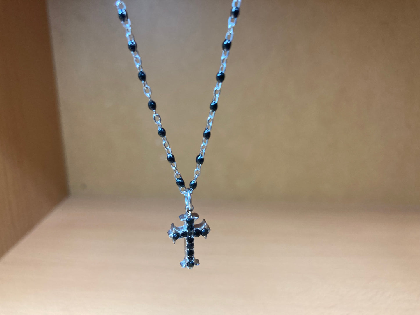 Black Beaded Cross Necklace