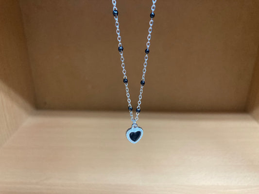Black Beaded Spaced Chain Framed Heart Necklace