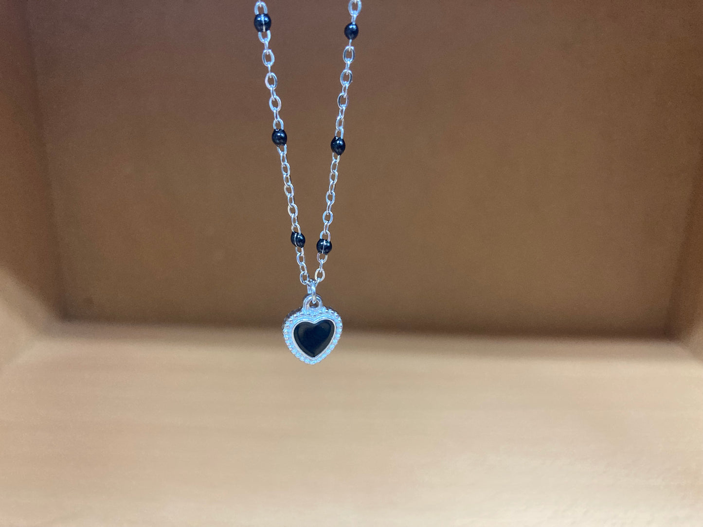 Black Beaded Spaced Chain Framed Heart Necklace