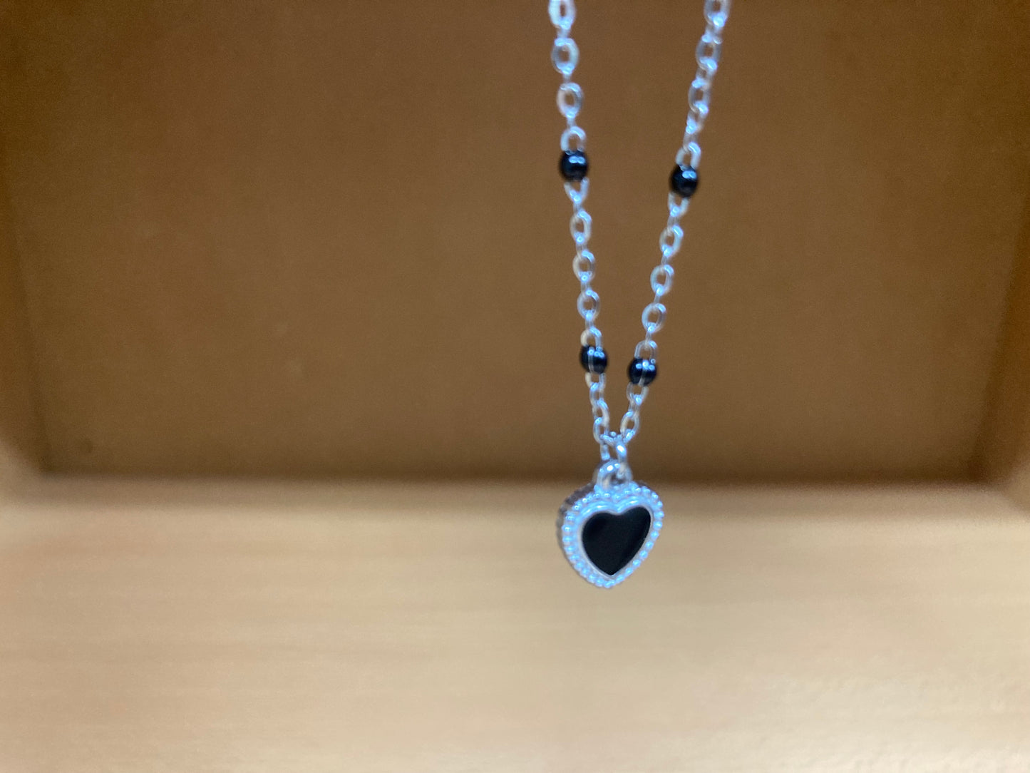 Black Beaded Spaced Chain Framed Heart Necklace