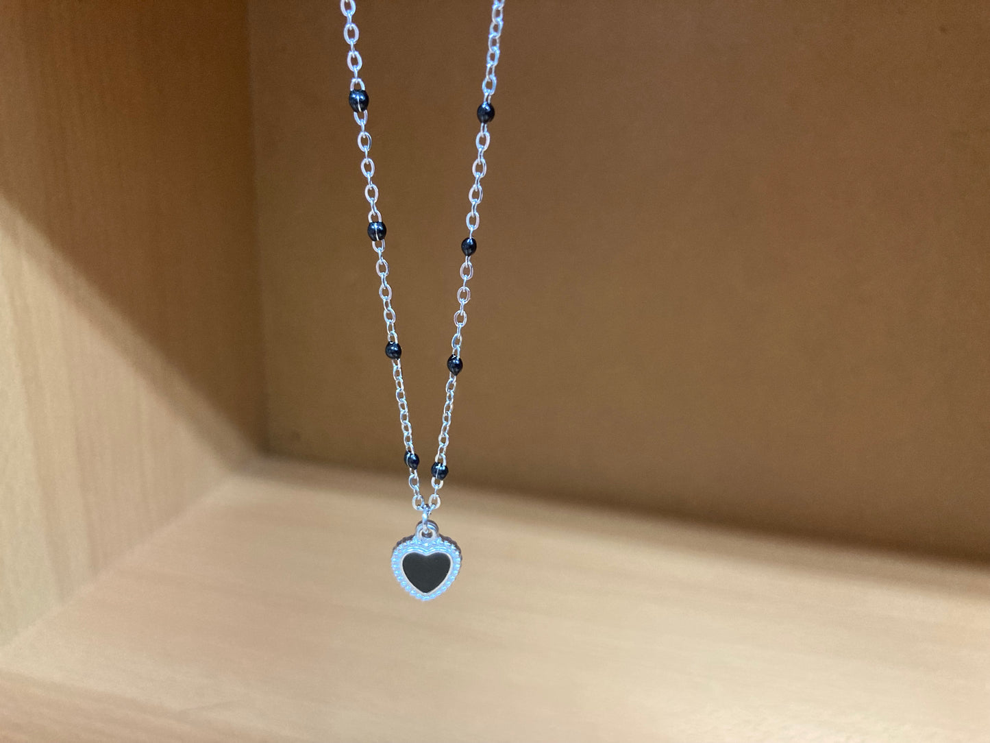 Black Beaded Spaced Chain Framed Heart Necklace