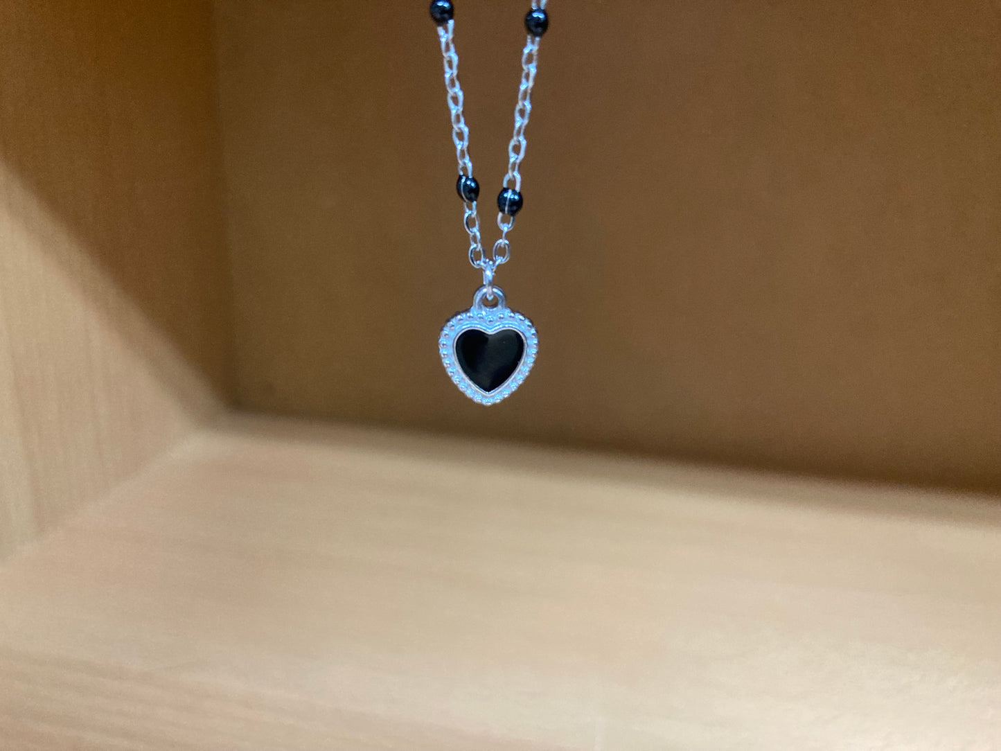 Black Beaded Spaced Chain Framed Heart Necklace