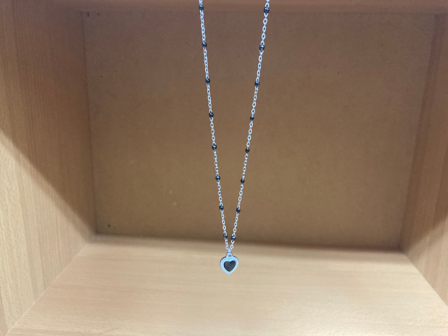 Black Beaded Spaced Chain Framed Heart Necklace