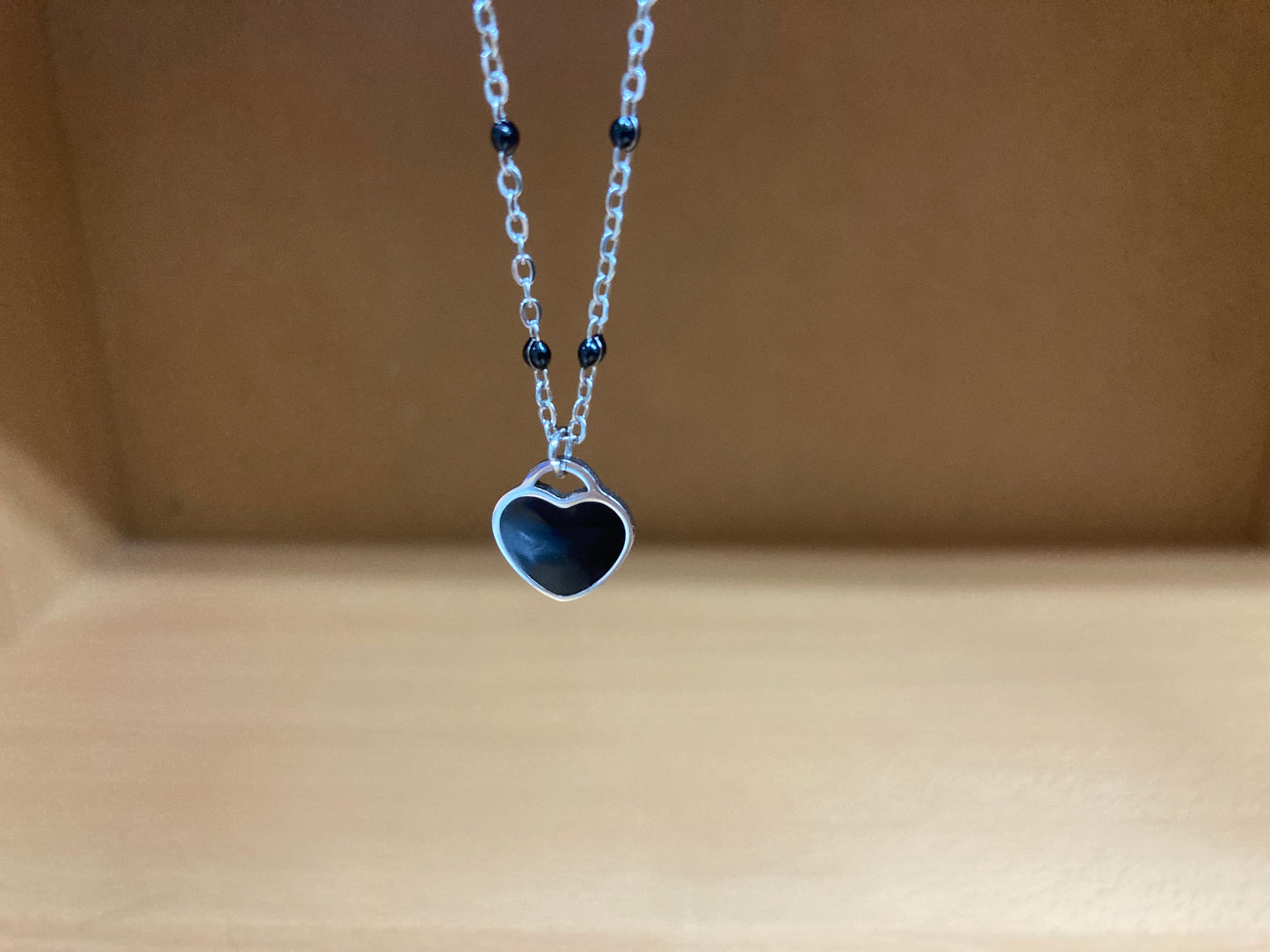 Black Beaded Spaced Chain Heart Necklace