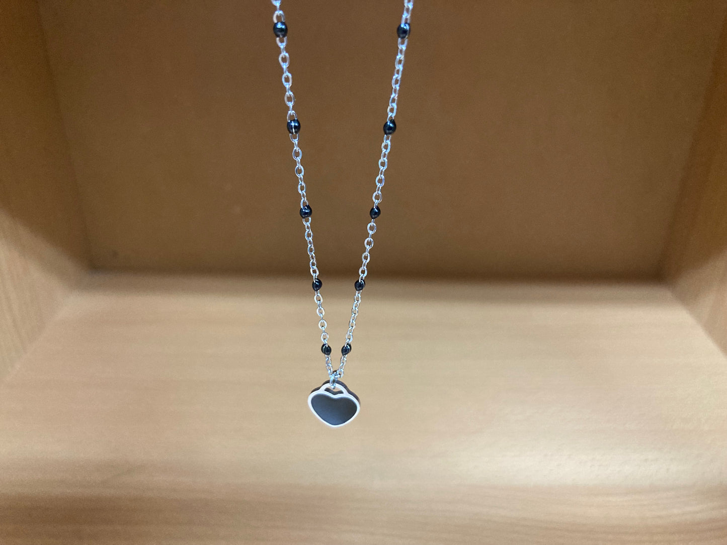 Black Beaded Spaced Chain Heart Necklace