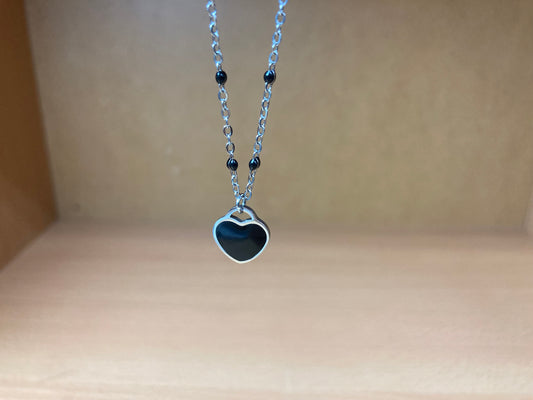 Black Beaded Spaced Chain Heart Necklace