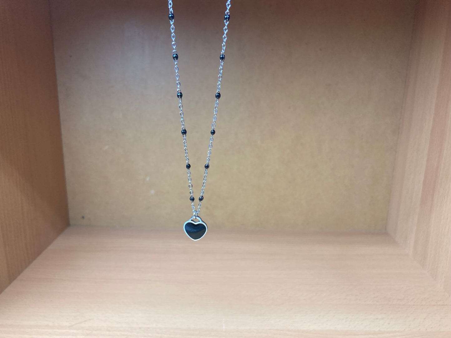Black Beaded Spaced Chain Heart Necklace