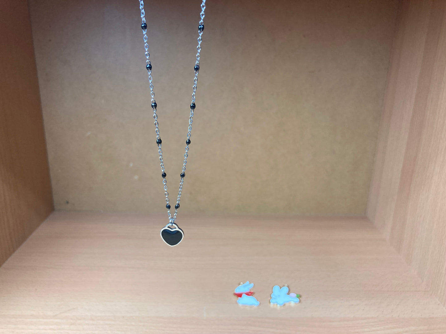 Black Beaded Spaced Chain Heart Necklace