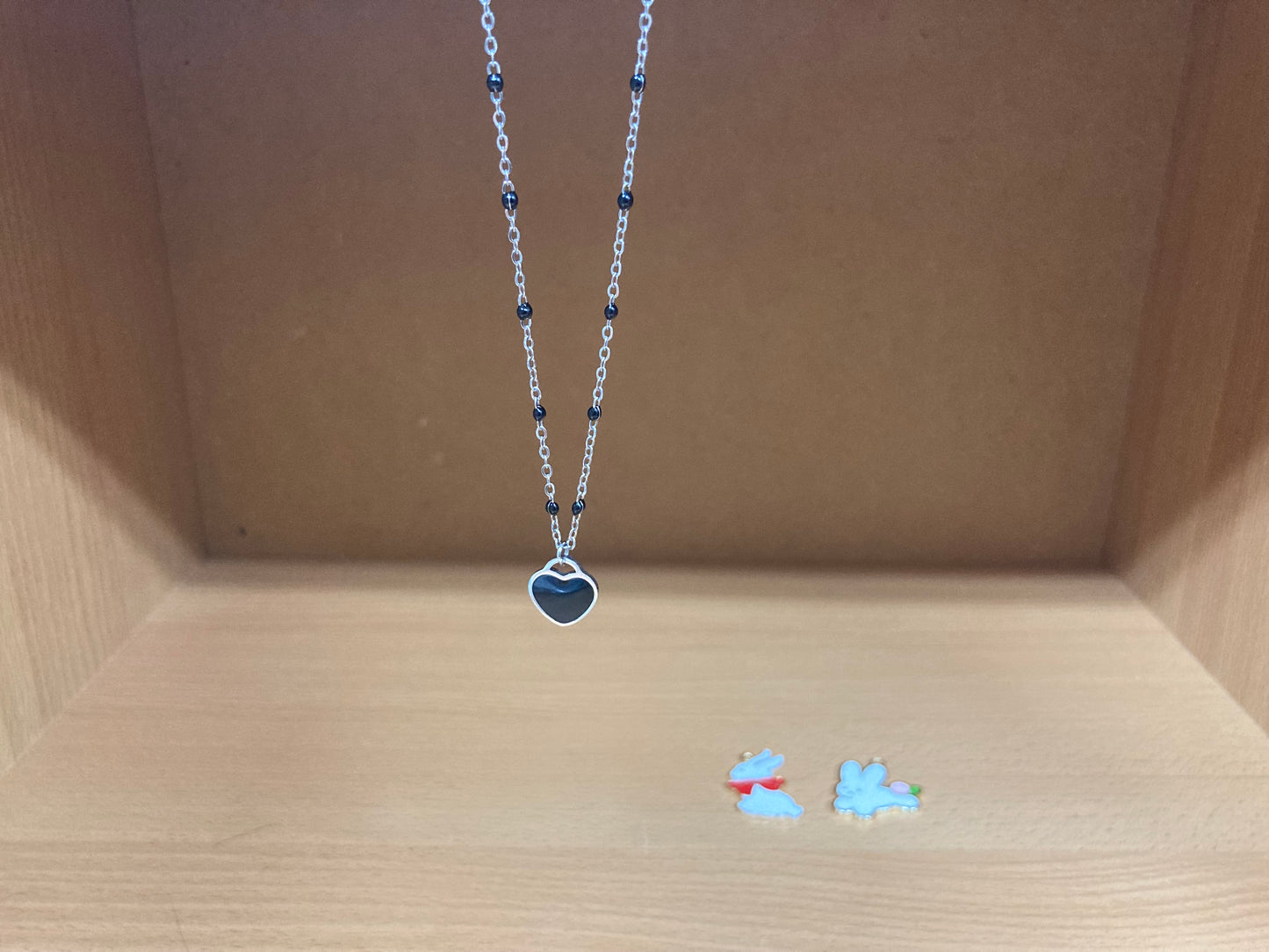 Black Beaded Spaced Chain Heart Necklace