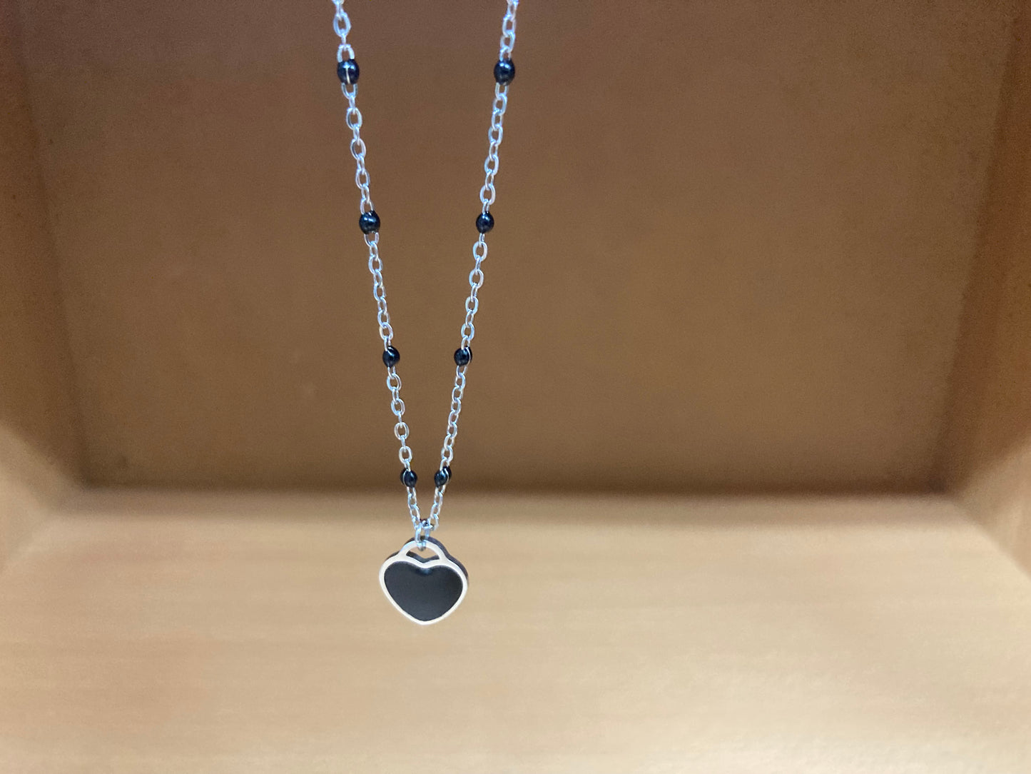 Black Beaded Spaced Chain Heart Necklace