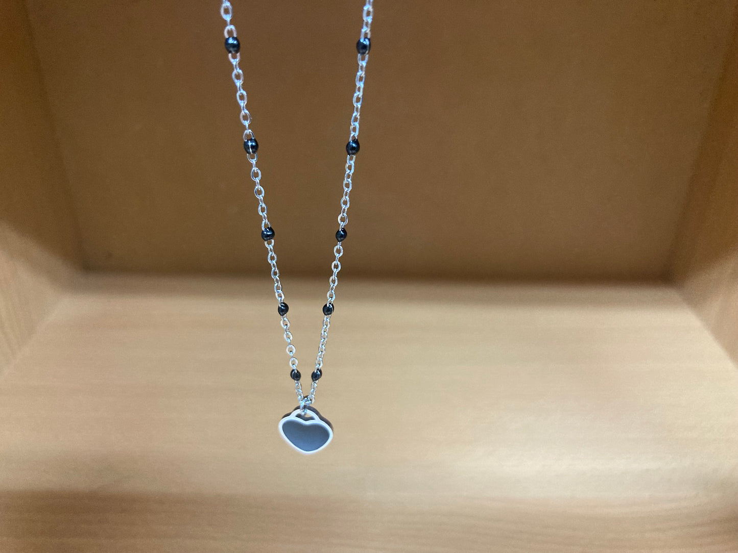 Black Beaded Spaced Chain Heart Necklace