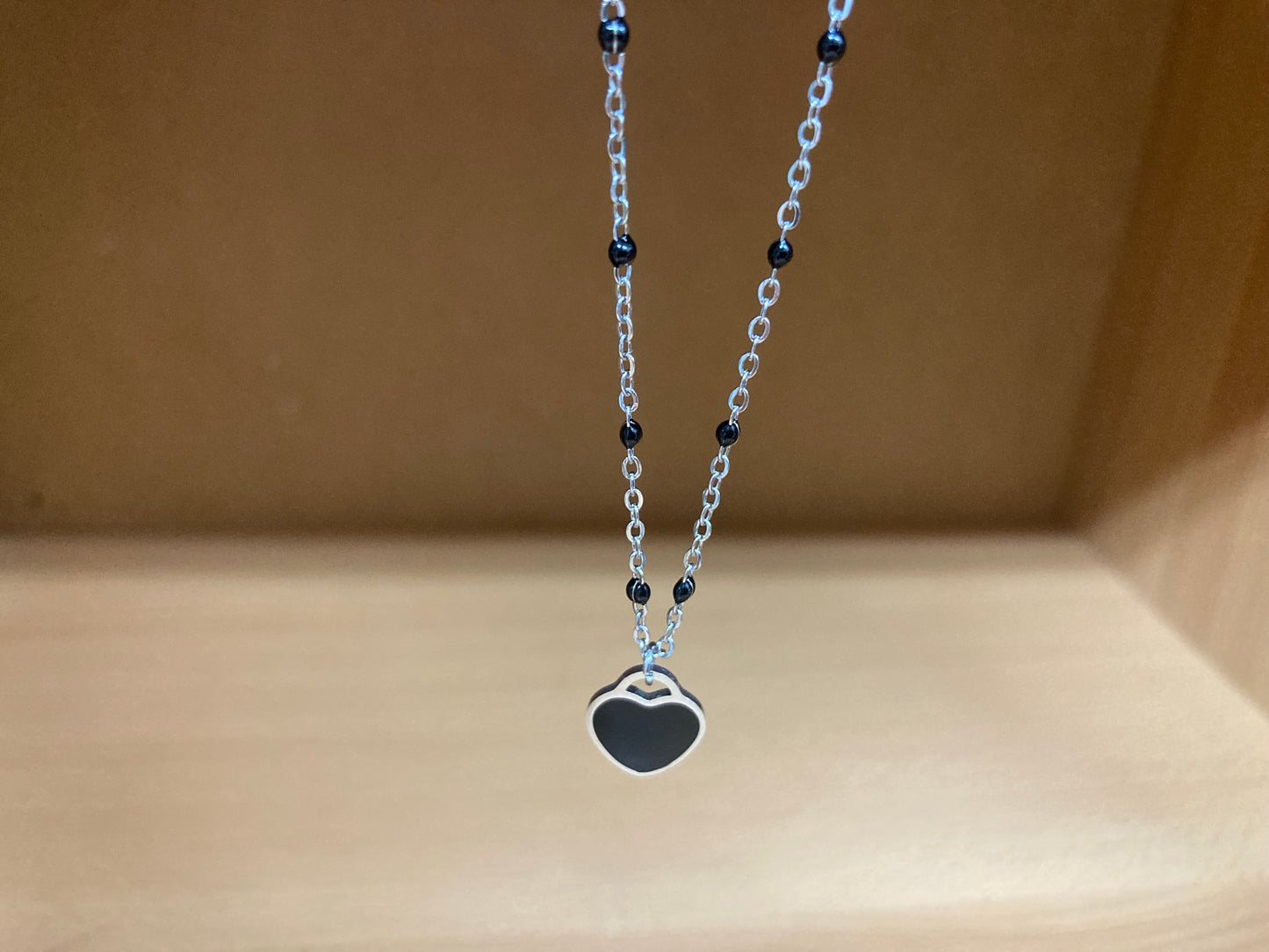 Black Beaded Spaced Chain Heart Necklace