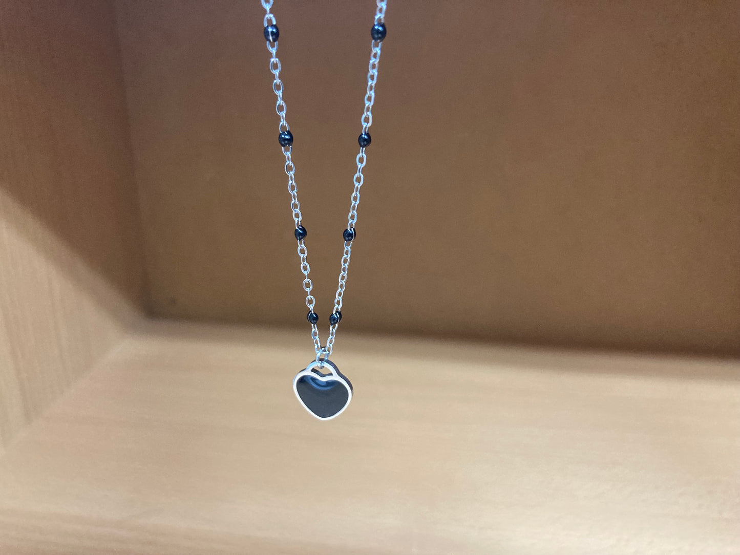 Black Beaded Spaced Chain Heart Necklace
