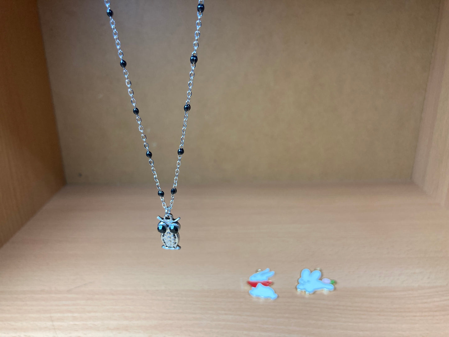 Black Eye Owl Pendant Beaded Spaced Chain Necklace