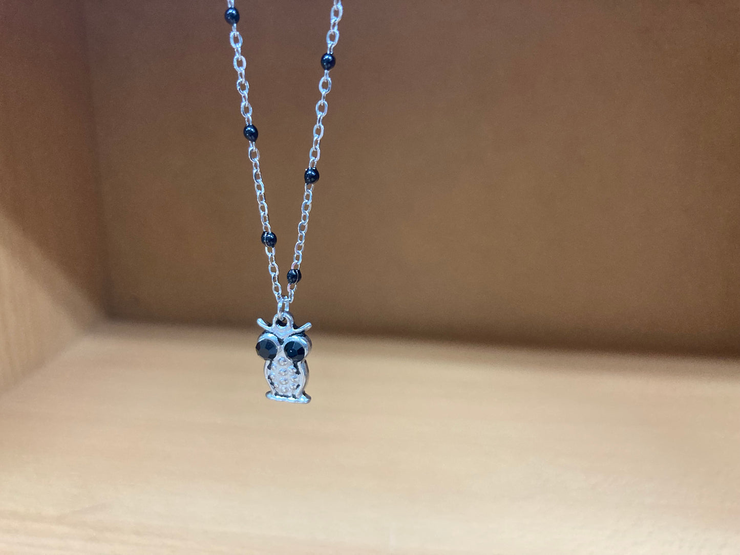 Black Eye Owl Pendant Beaded Spaced Chain Necklace
