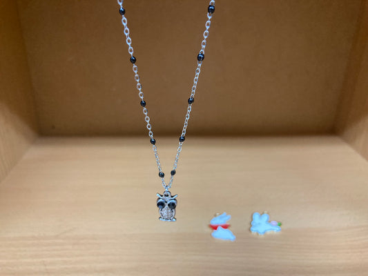 Black Eye Owl Pendant Beaded Spaced Chain Necklace