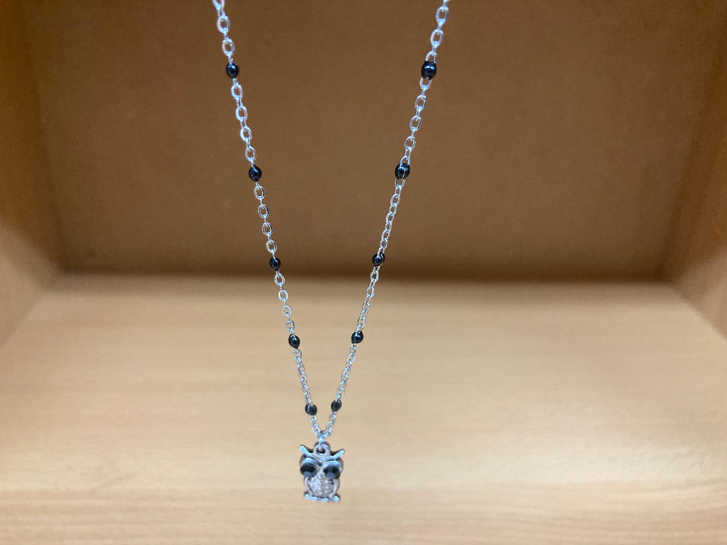 Black Eye Owl Pendant Beaded Spaced Chain Necklace