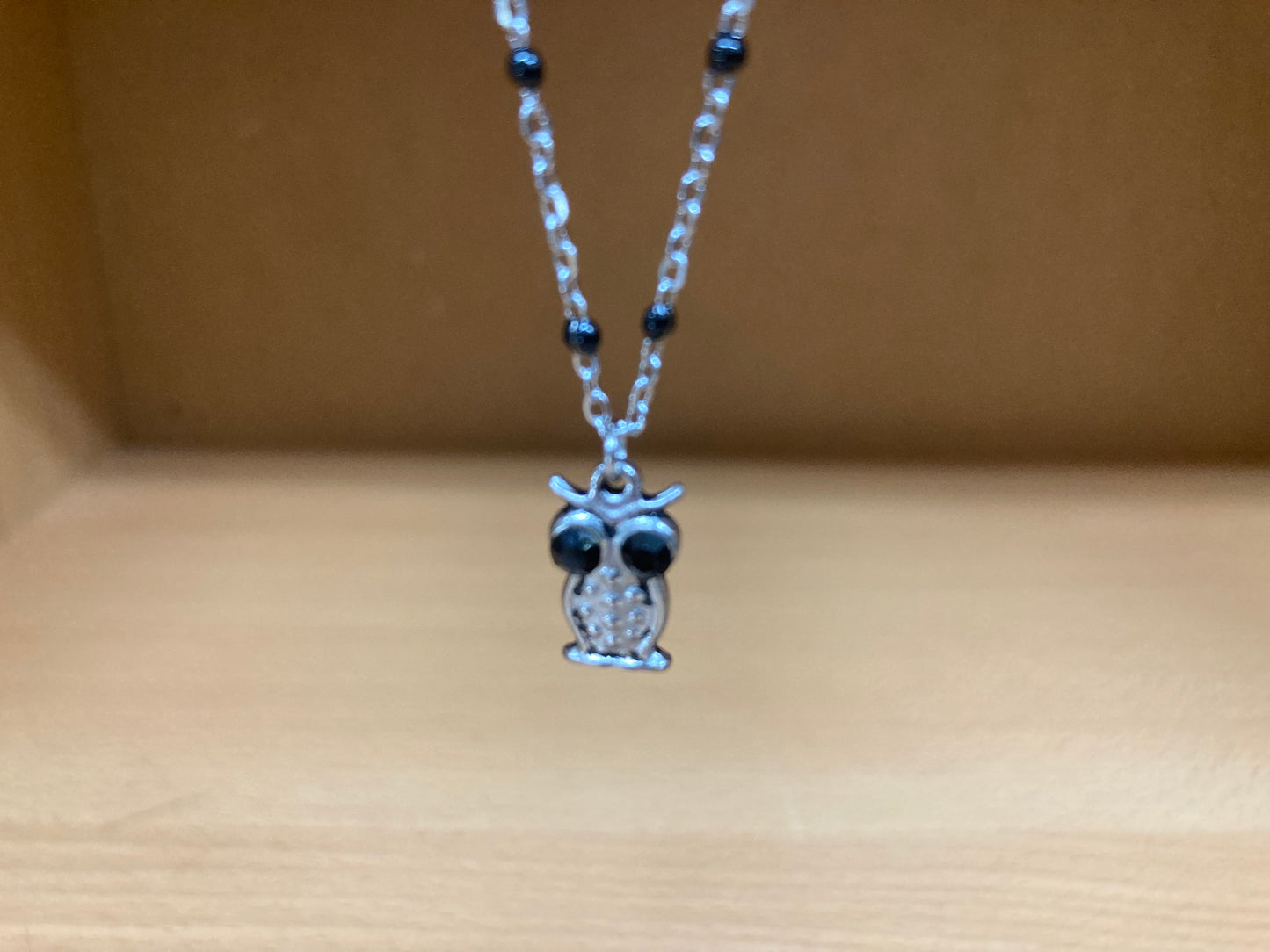 Black Eye Owl Pendant Beaded Spaced Chain Necklace