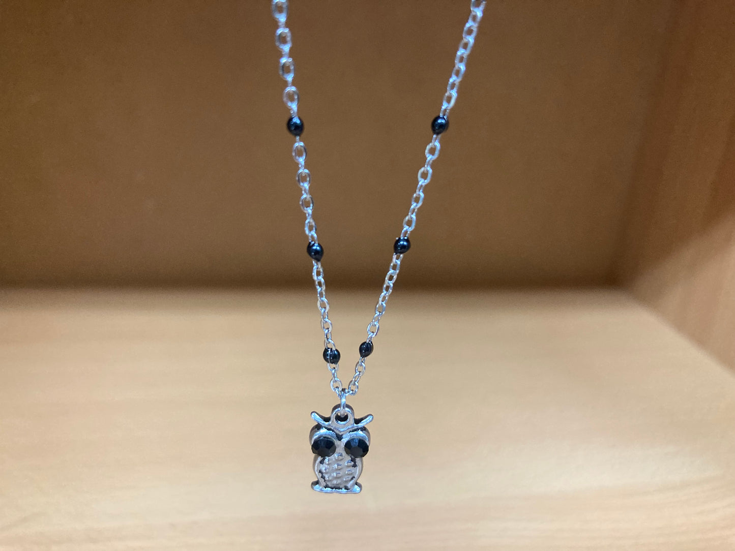 Black Eye Owl Pendant Beaded Spaced Chain Necklace