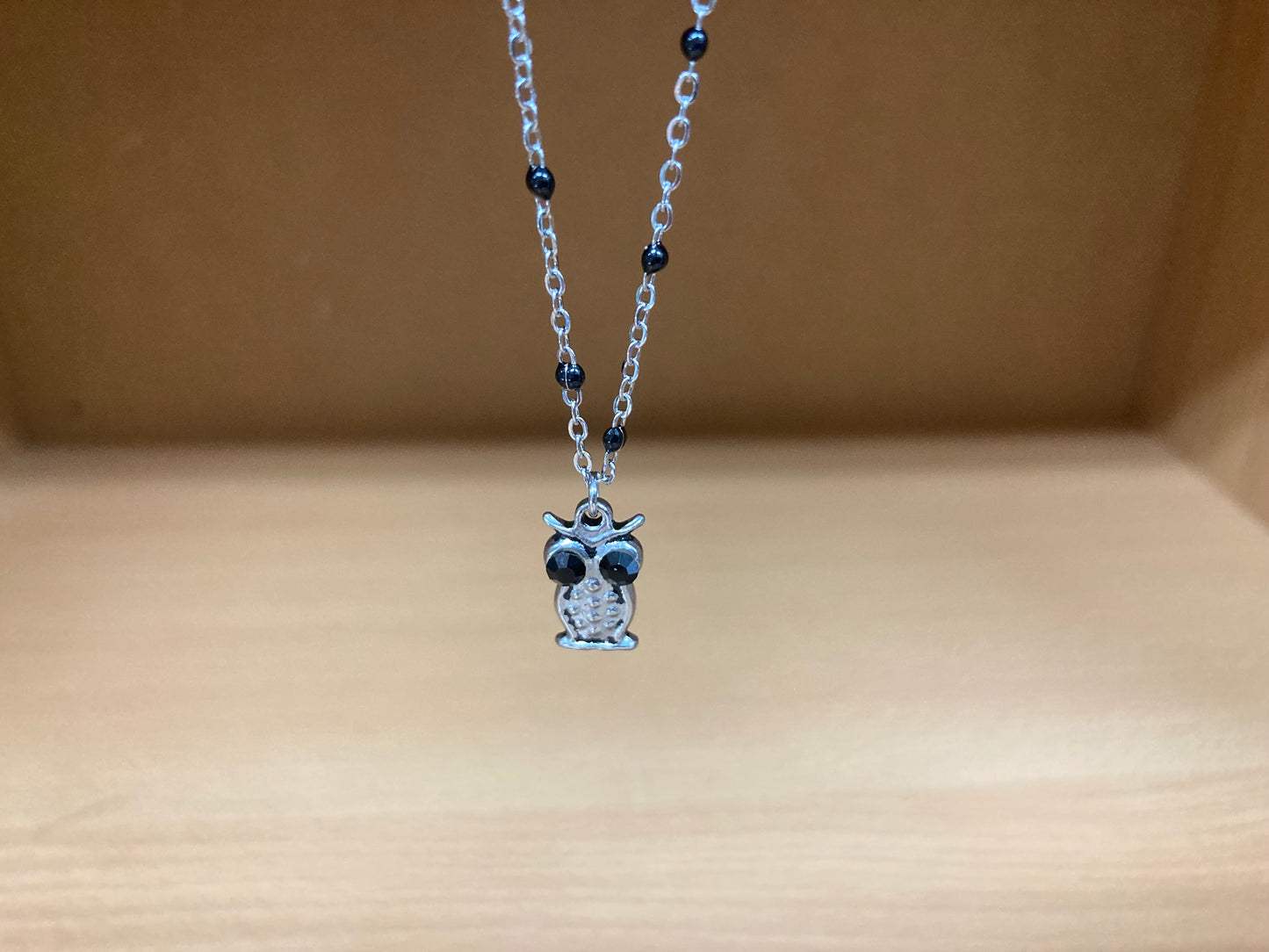 Black Eye Owl Pendant Beaded Spaced Chain Necklace
