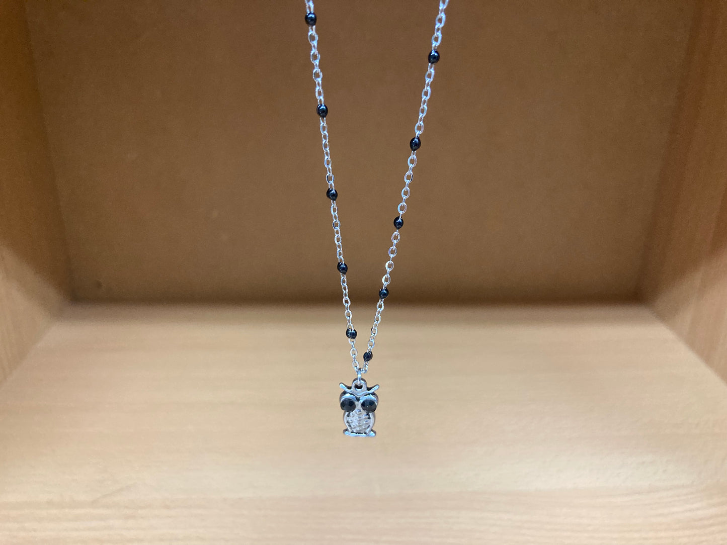 Black Eye Owl Pendant Beaded Spaced Chain Necklace