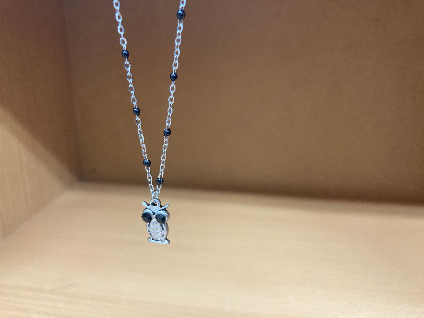 Black Eye Owl Pendant Beaded Spaced Chain Necklace