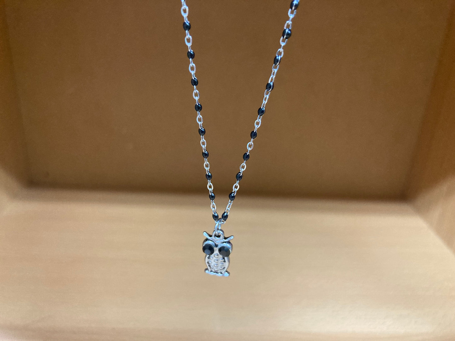 Black Eye Owl Pendant Dense Beaded Chain Necklace