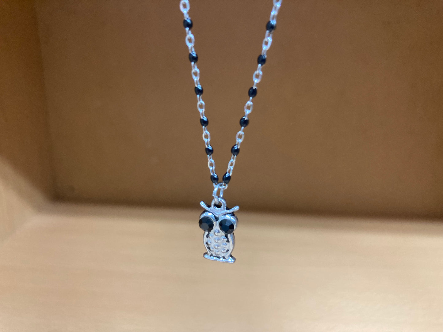 Black Eye Owl Pendant Dense Beaded Chain Necklace