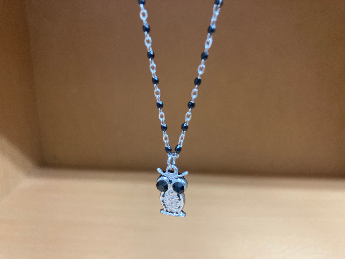 Black Eye Owl Pendant Dense Beaded Chain Necklace