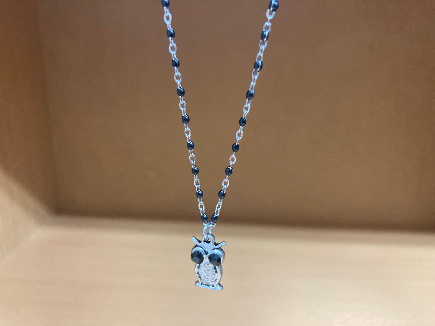 Black Eye Owl Pendant Dense Beaded Chain Necklace