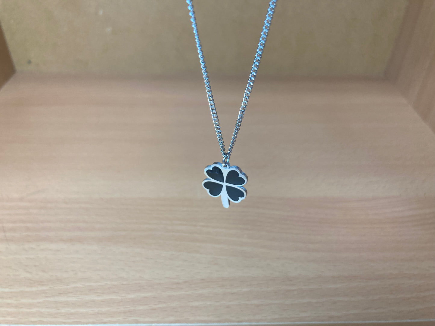 Tiny Treasures Seoul - Black Four-Leaf Clover Surgical Steel Necklace Close up View 3