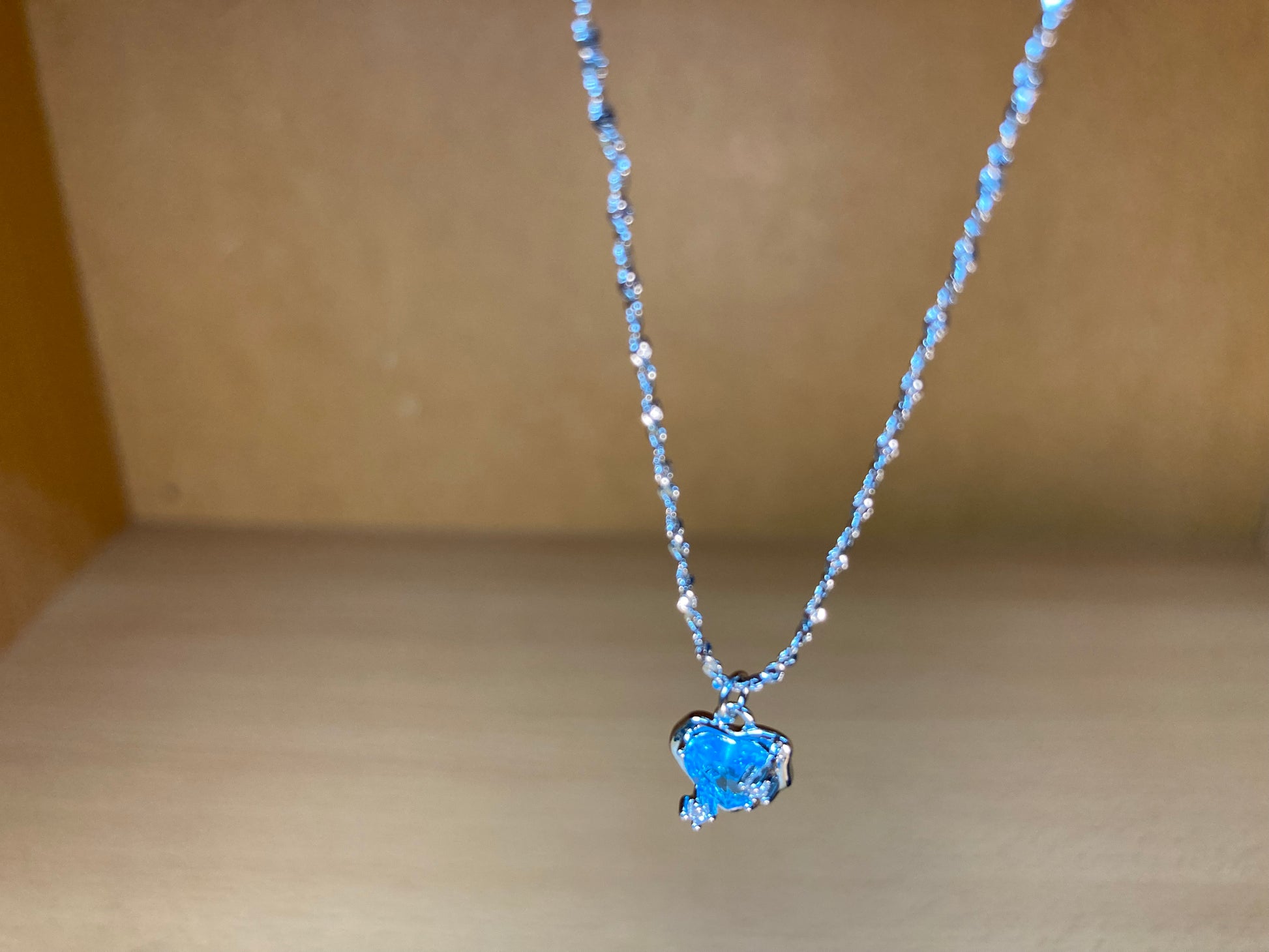 Tiny Treasures Seoul - Blue Cubic Zirconia Heart Necklace (Silver) Close up View