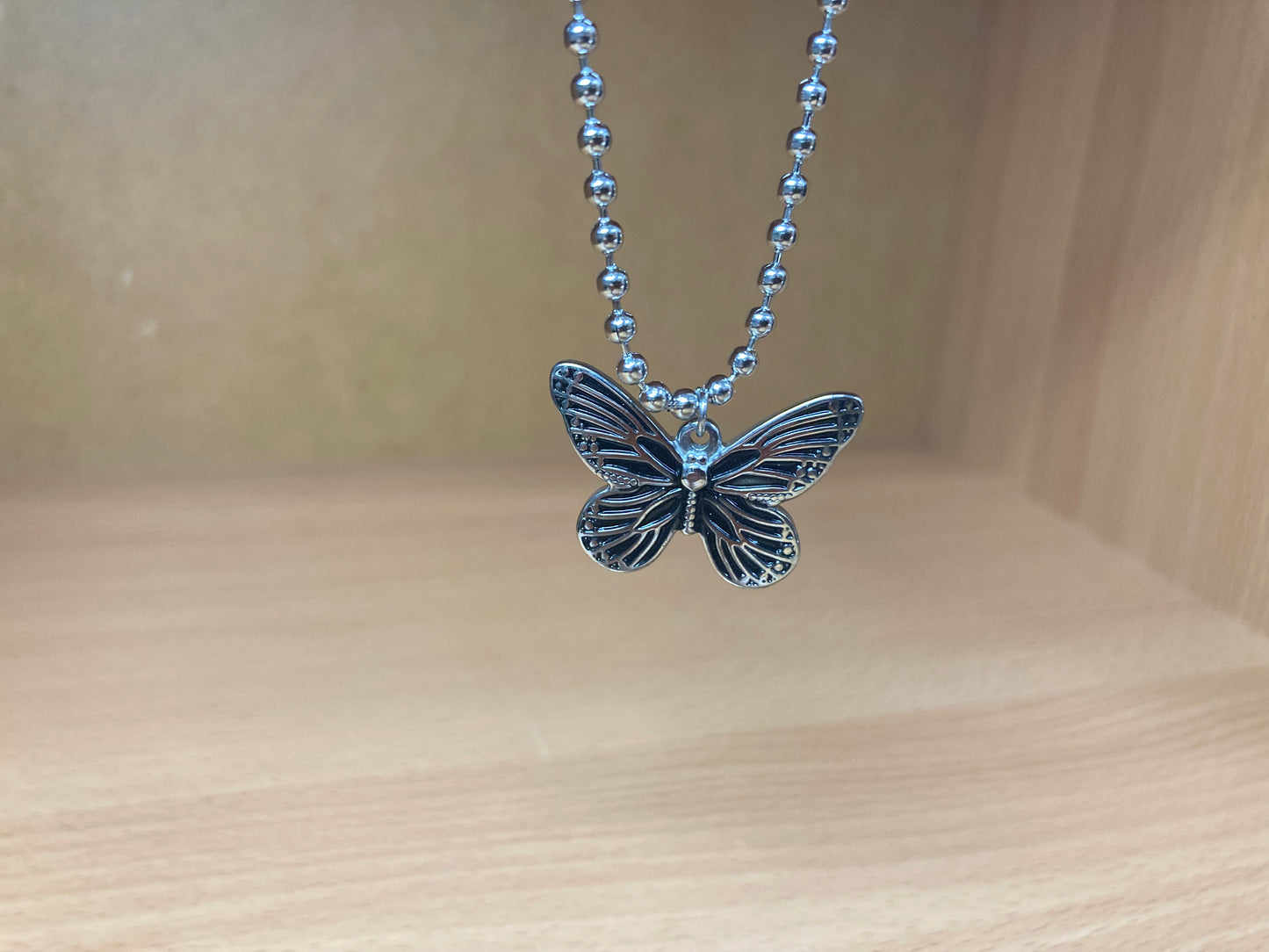 Tiny Treasures Seoul - Butterfly Pendant Ball Chain Necklace (Surgical Steel) Close up View 3