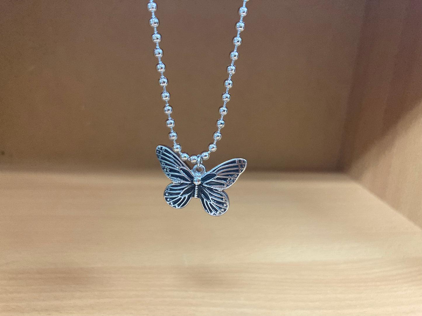 Tiny Treasures Seoul - Butterfly Pendant Ball Chain Necklace (Surgical Steel) Close up View