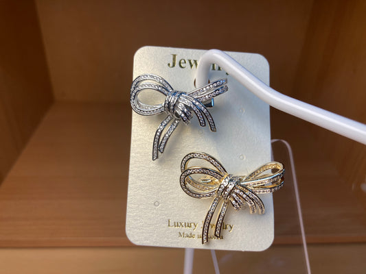 Crystal Ribbon Bow Brooch Set in Silver & Gold (2 Pieces)
