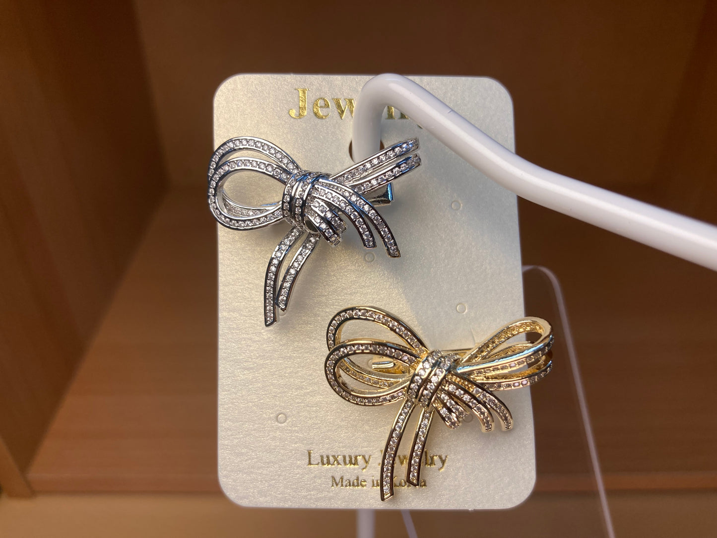 Crystal Ribbon Bow Brooch Set in Silver & Gold (2 Pieces)