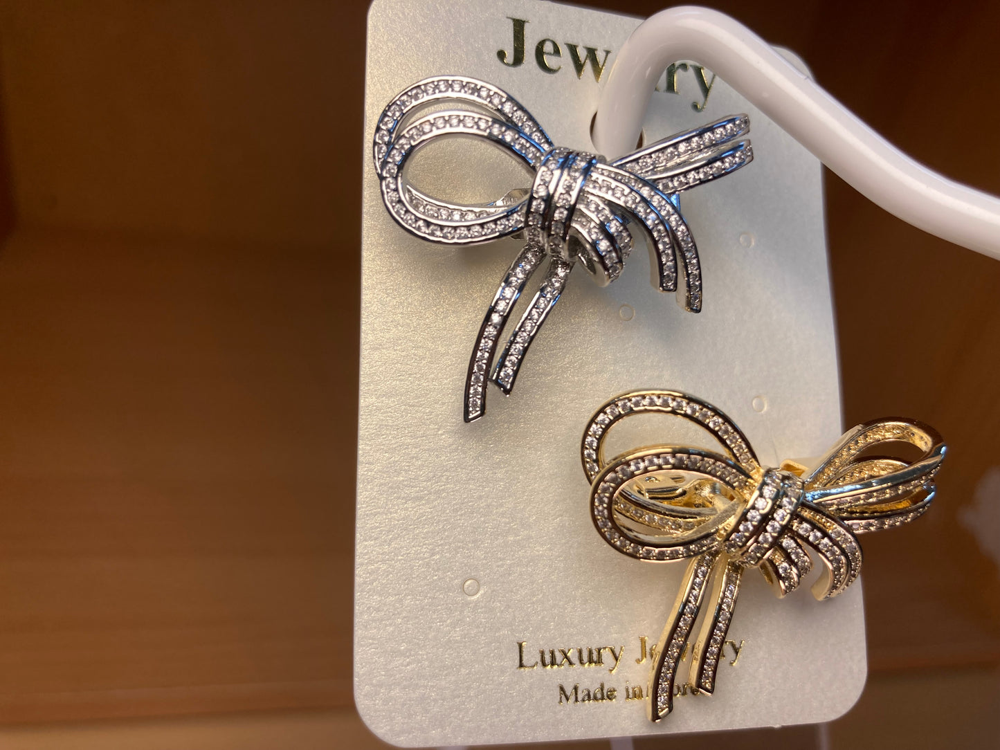 Crystal Ribbon Bow Brooch Set in Silver & Gold (2 Pieces)