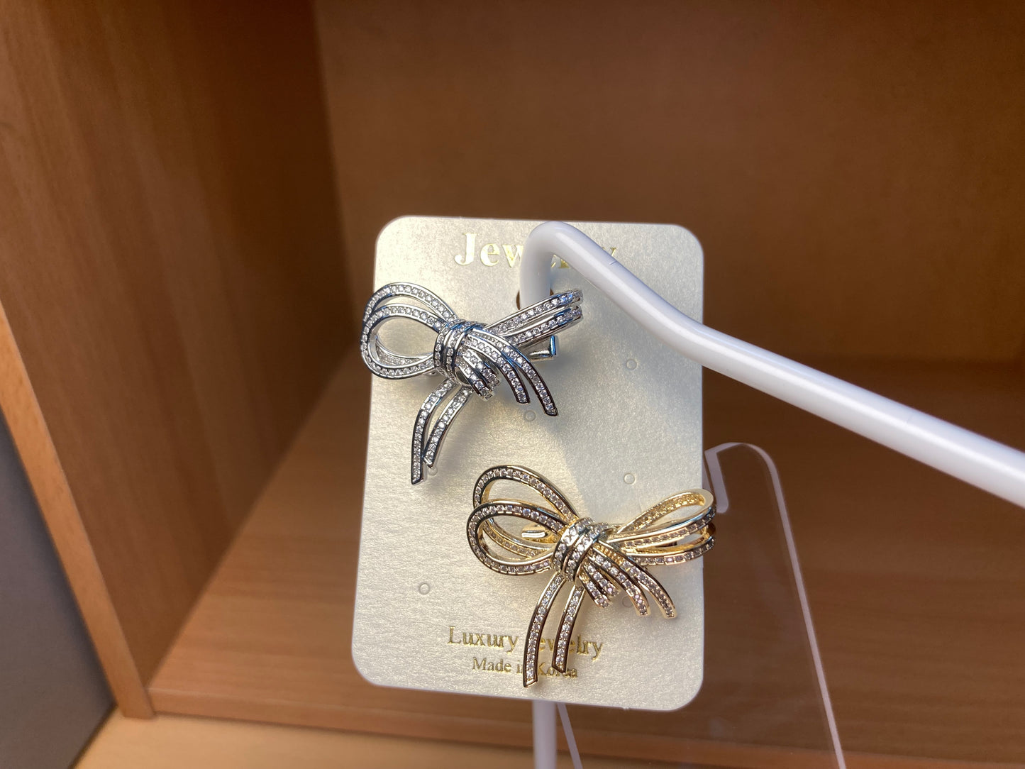 Crystal Ribbon Bow Brooch Set in Silver & Gold (2 Pieces)