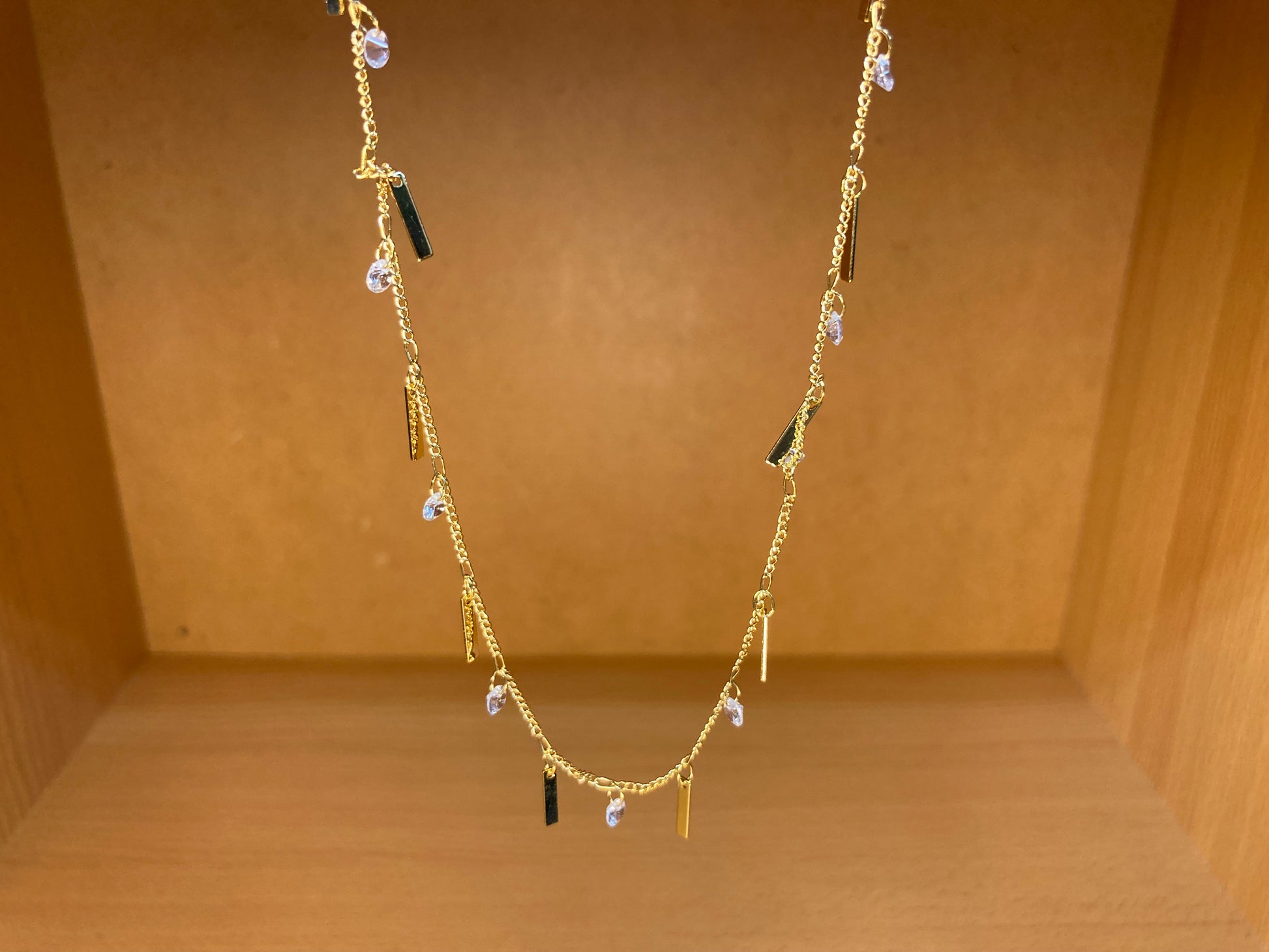 Tiny Treasures Seoul - Delicate Drop Bar Necklace (16K Gold Plated, Cubic Zirconia, Brass)