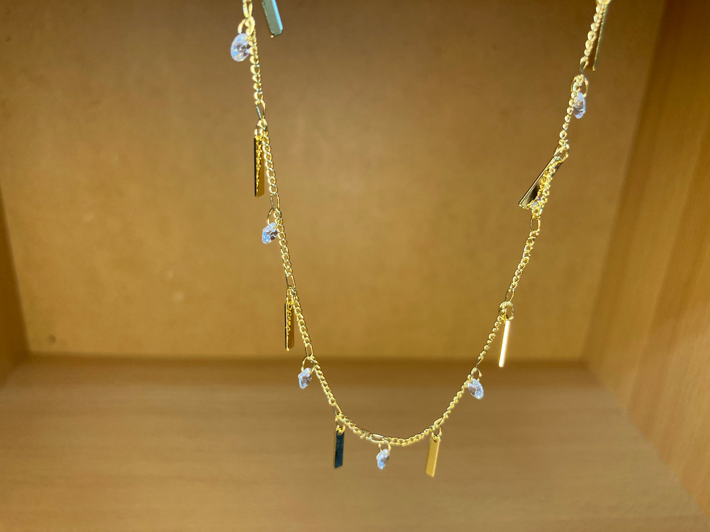 Tiny Treasures Seoul - Delicate Drop Bar Necklace (16K Gold Plated, Cubic Zirconia, Brass)