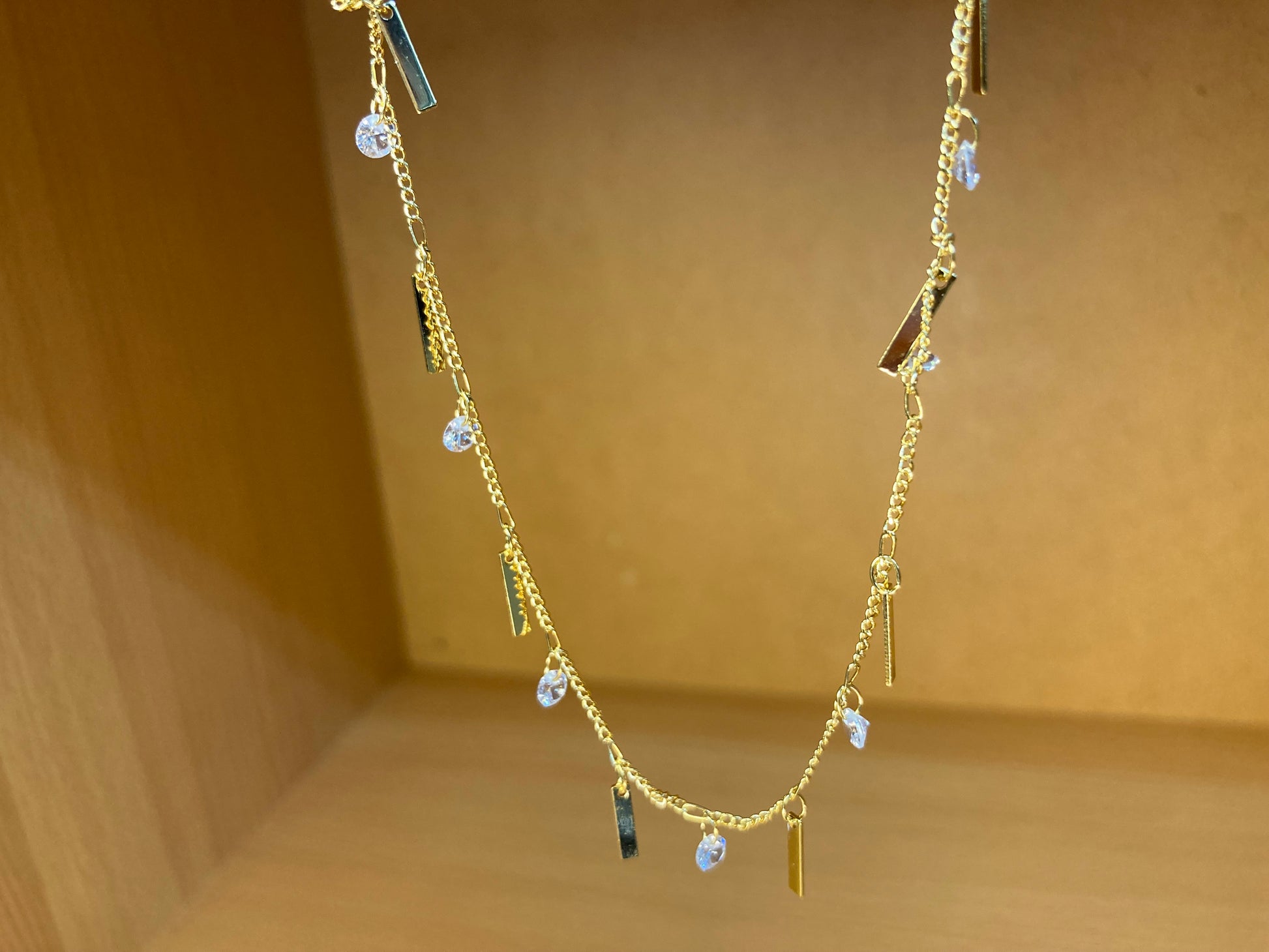 Tiny Treasures Seoul - Delicate Drop Bar Necklace (16K Gold Plated, Cubic Zirconia, Brass)