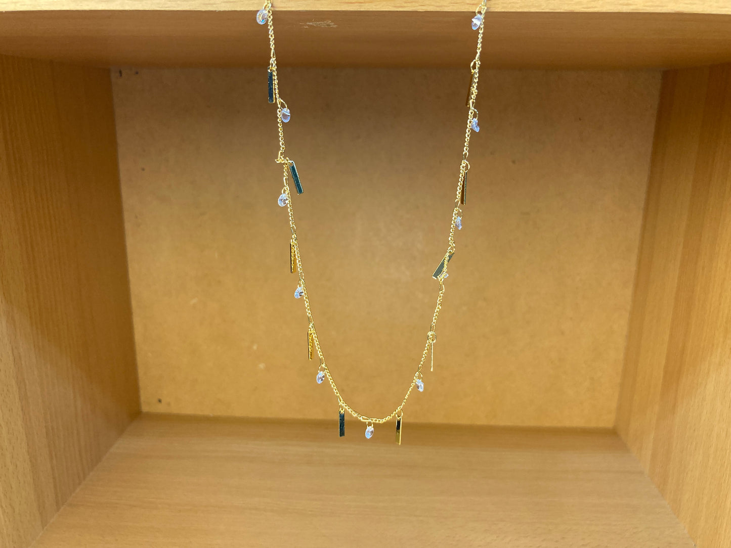 Tiny Treasures Seoul - Delicate Drop Bar Necklace (16K Gold Plated, Cubic Zirconia, Brass)