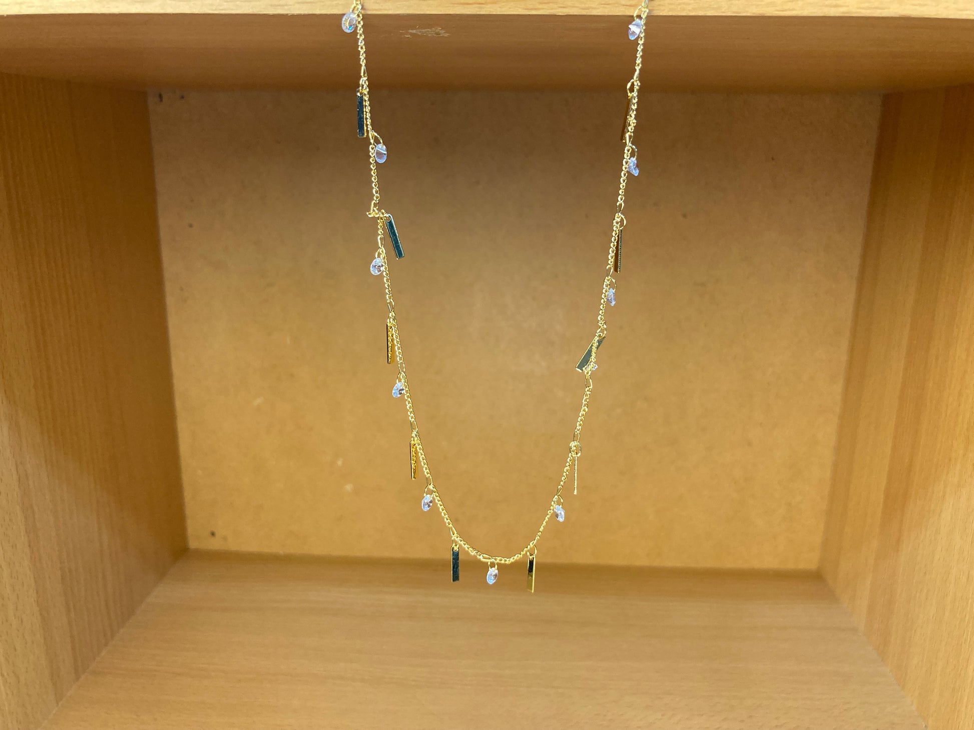 Tiny Treasures Seoul - Delicate Drop Bar Necklace (16K Gold Plated, Cubic Zirconia, Brass)