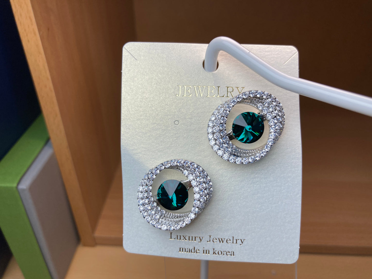 Tiny Treasures Seoul - Emerald Swarovski Crystal Oval Brooch Set (2 Pieces) Front View 2