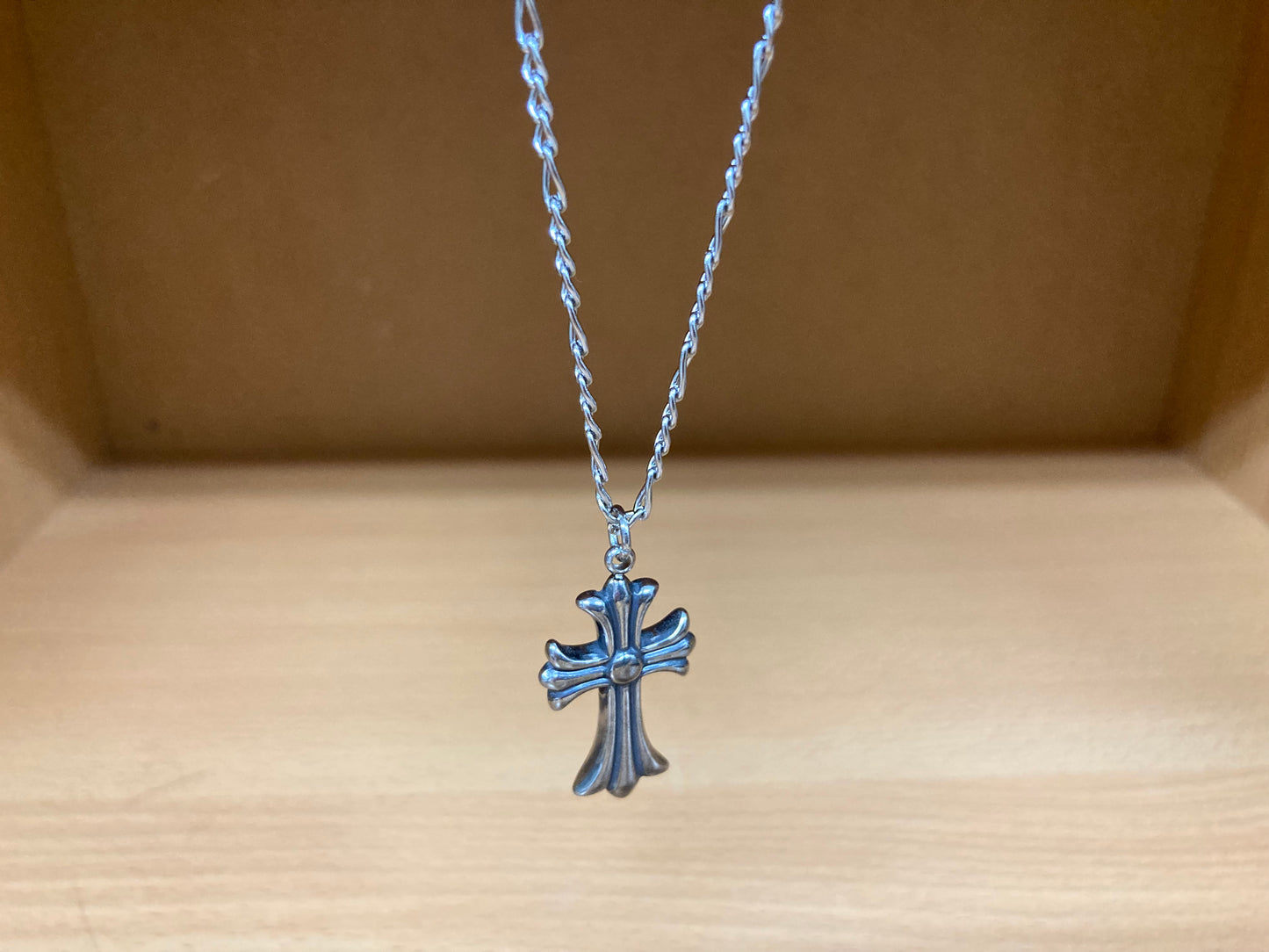 Tiny Treasures Seoul - Flared Cross Pendant Figaro Chain Necklace (Surgical Steel) Close up View 3